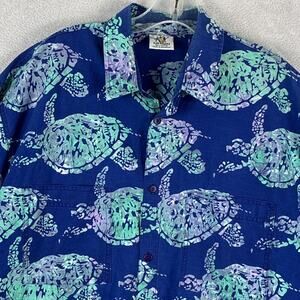 VTG Rum Reggae Hawaiian Camp Shirt Mens XL Blue Sea Turtle AOP Tiki Aloha Beach